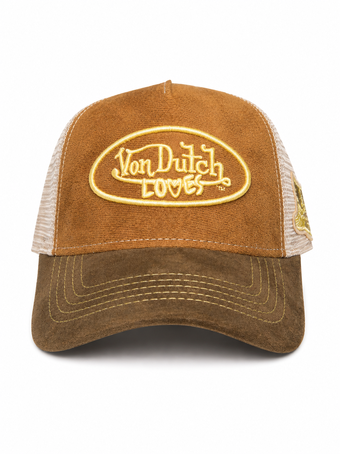 VON DUTCH LOVE BROWN FAUX SUEDE WITH YELLOW SIDE LOGO Trucker Hat