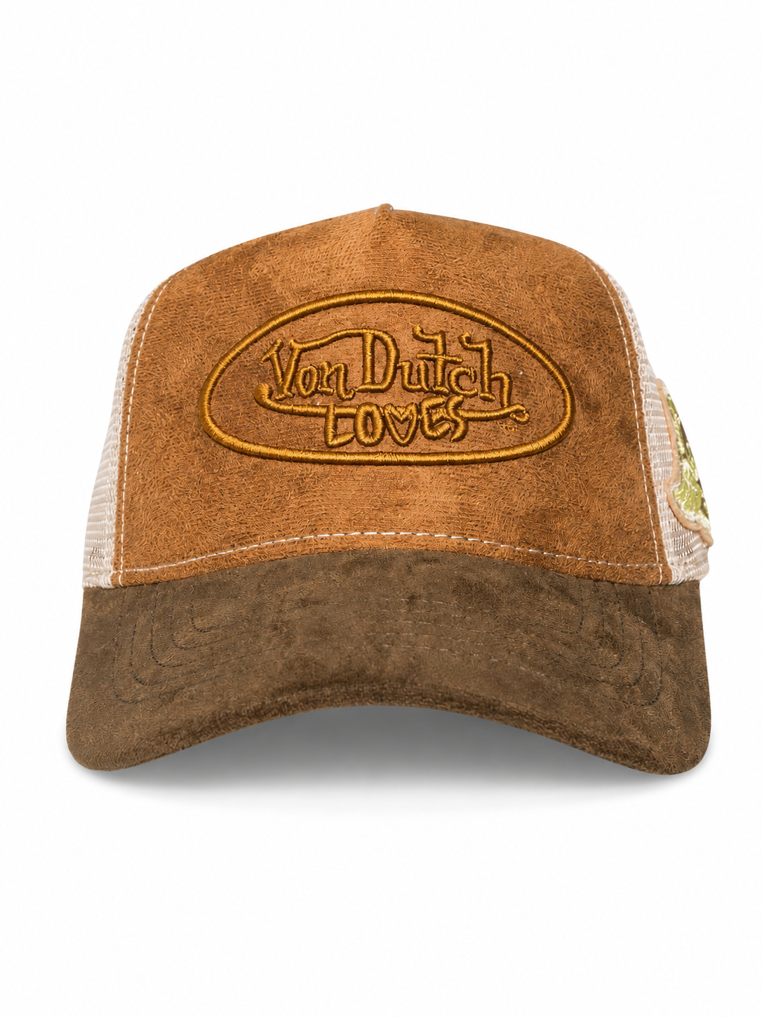 VON DUTCH LOVES BROWN ON BROWN FAUX SUEDE SIDE PATCH TRUCKER HAT