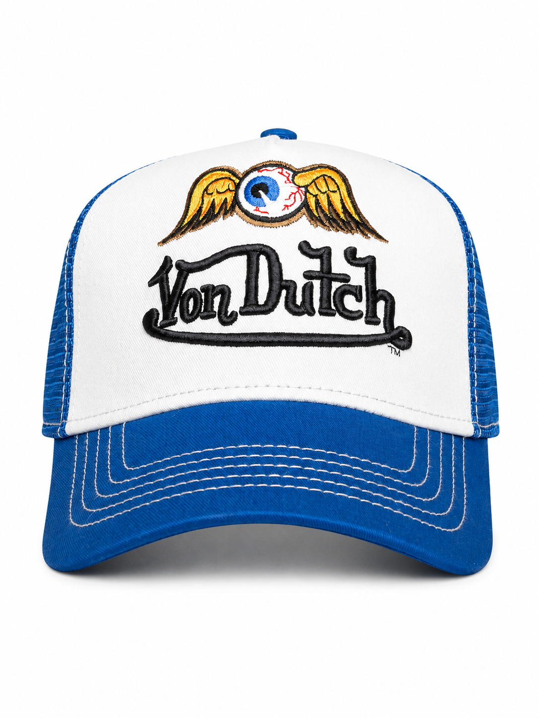 Von Dutch HEAVY EMBROIDERED FLYING EYE TRUCKER HAT IN BLUE