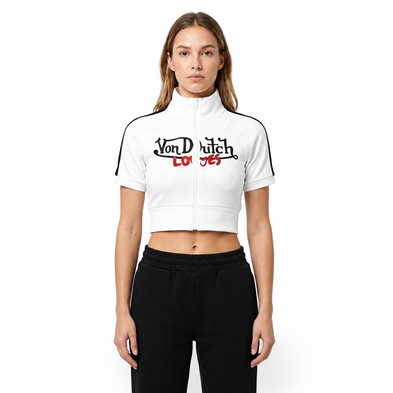 VINTAGE CULTURE X VON DUTCH LOVES HIGH NECK ZIP CROP TOP (WHITE)