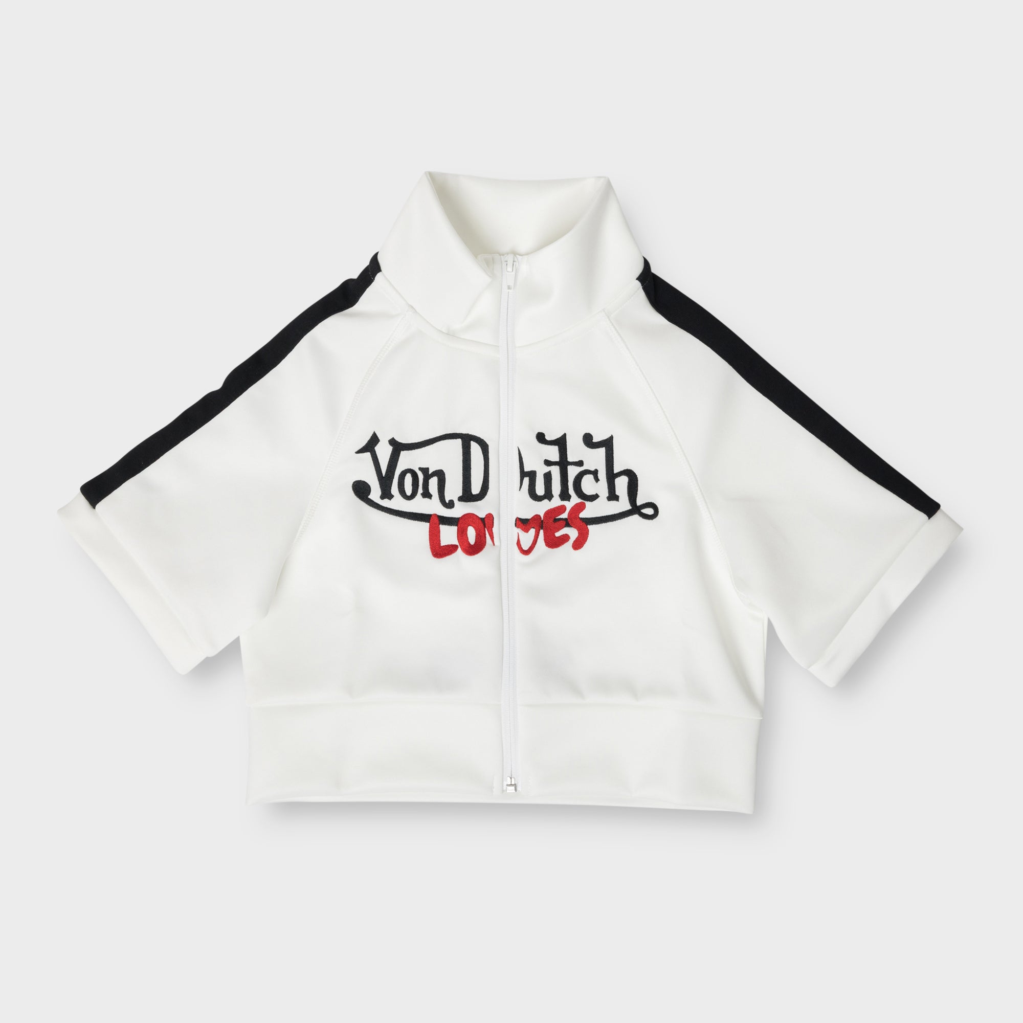 PRE-ORDER VINTAGE CULTURE X VON DUTCH LOVES HIGH NECK ZIP-UP TOP (WHITE)