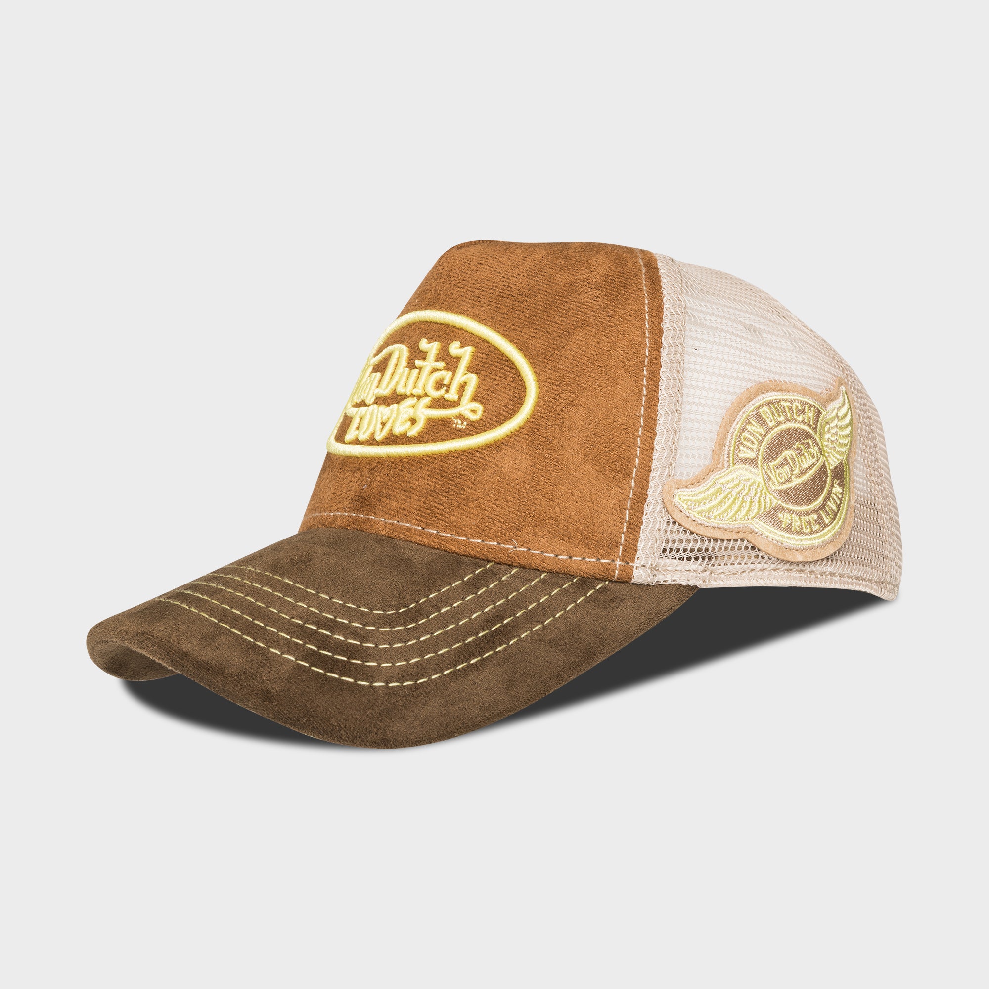 VON DUTCH LOVE BROWN FAUX SUEDE WITH YELLOW SIDE LOGO Trucker Hat
