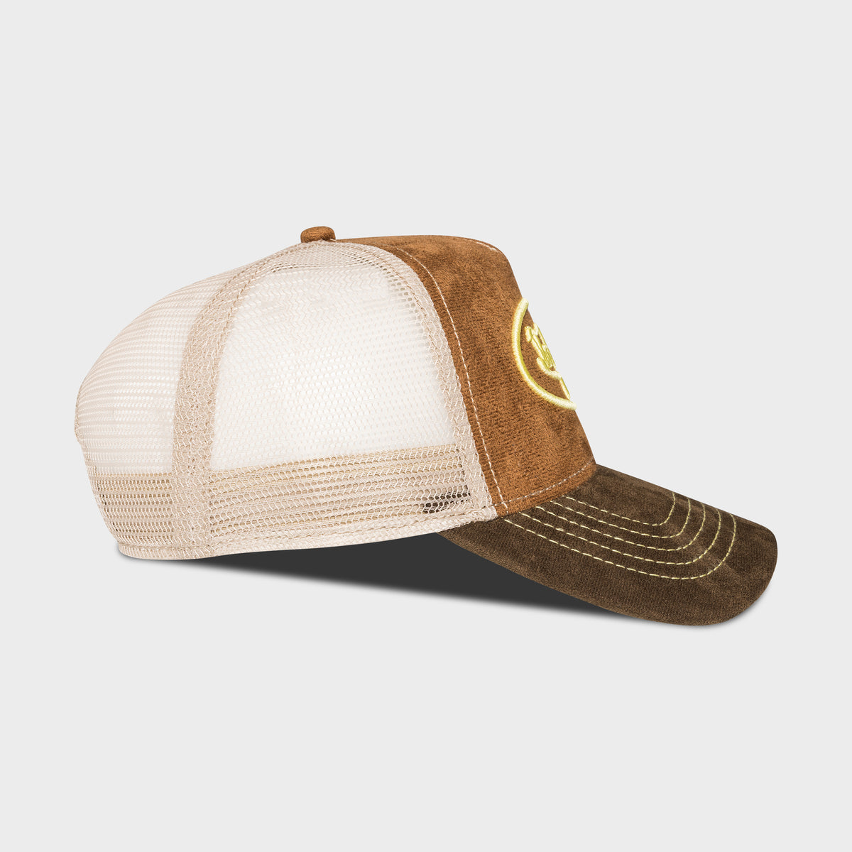 VON DUTCH LOVE BROWN FAUX SUEDE WITH YELLOW SIDE LOGO Trucker Hat