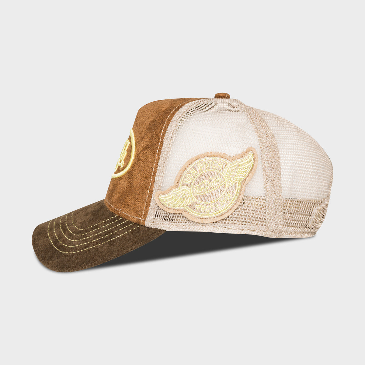 VON DUTCH LOVE BROWN FAUX SUEDE WITH YELLOW SIDE LOGO Trucker Hat