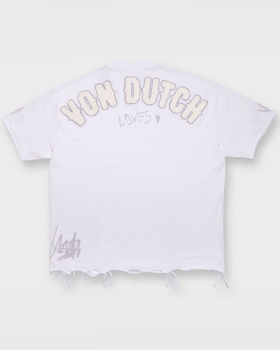 VINTAGE CULTURE X VON DUTCH LOVES DISTRESSED WHITE T-SHIRT