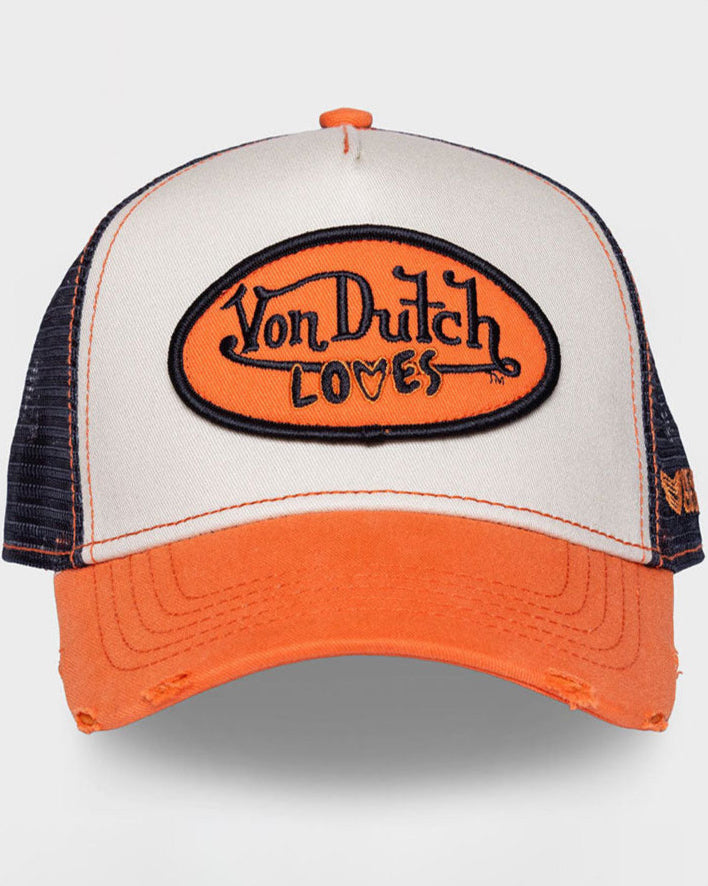 VINTAGE CULTURE X VON DUTCH LOVES ORANGE GREY DISTRESSED TRUCKER