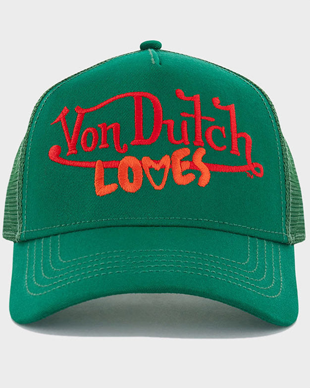 EMERALD AND ORANGE EMBROIDERED TRUCKER