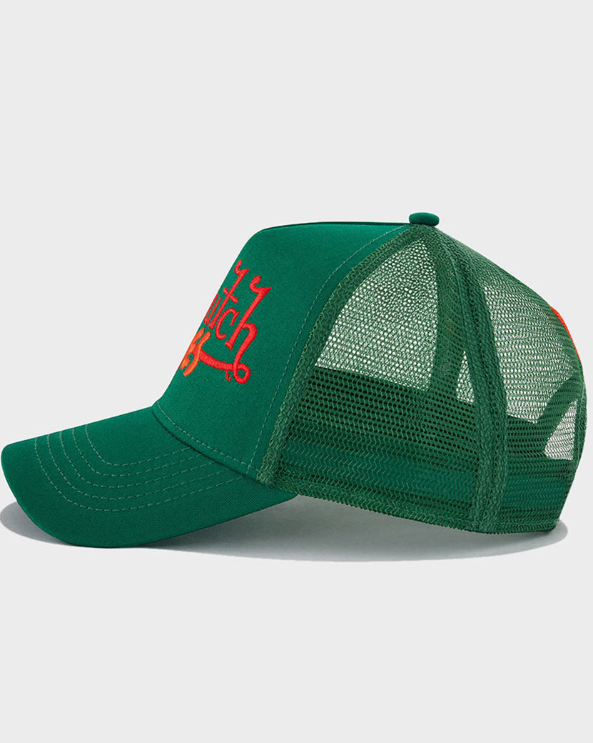 EMERALD AND ORANGE EMBROIDERED TRUCKER