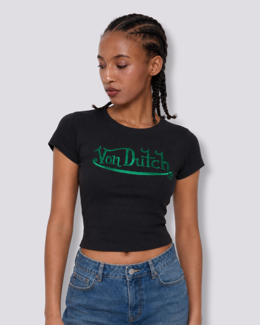 EMBROIDERED CROP BLACK BABY TEE