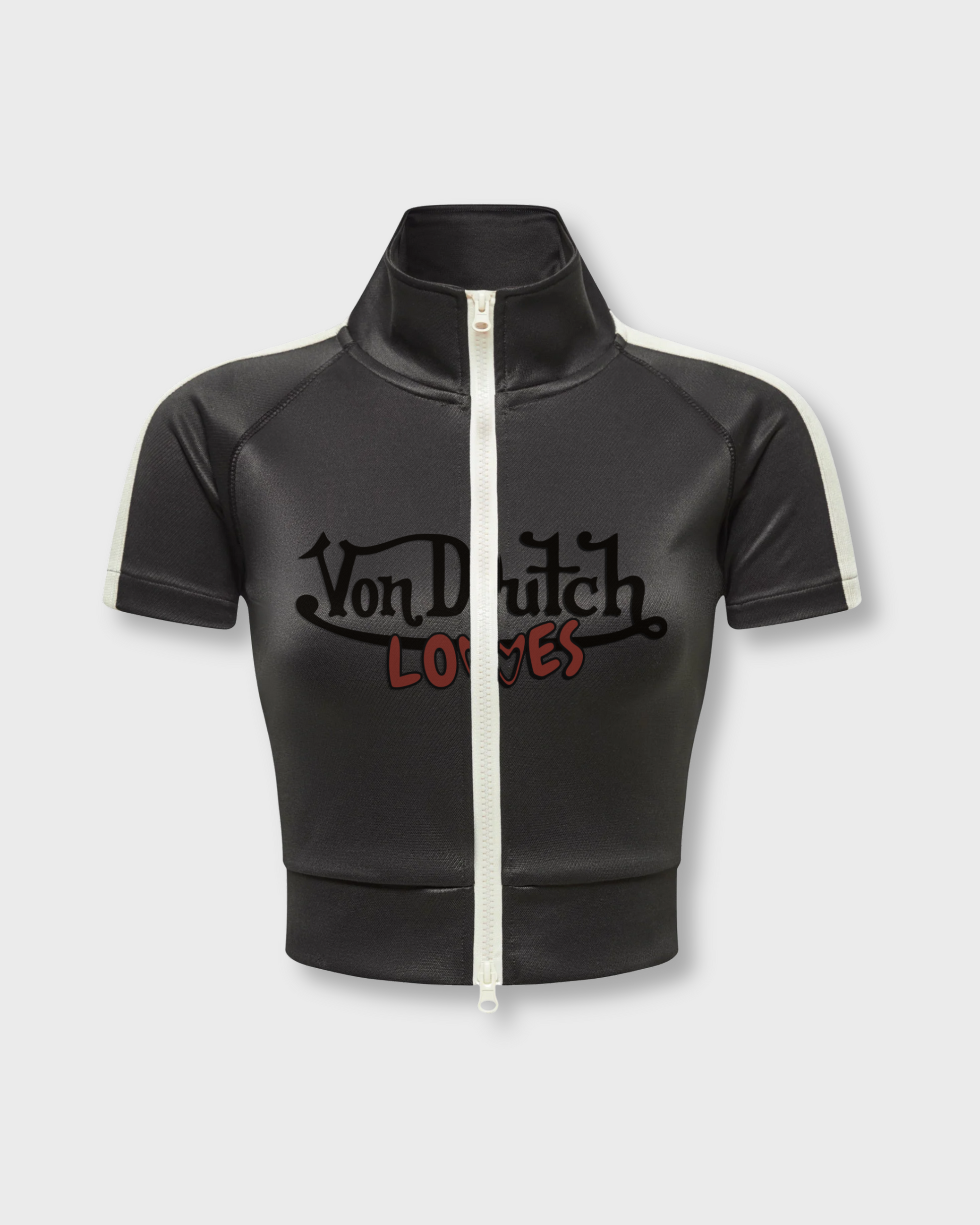PRE-ORDER VINTAGE CULTURE X VON DUTCH LOVES HIGH NECK ZIP-UP TOP (BLACK)