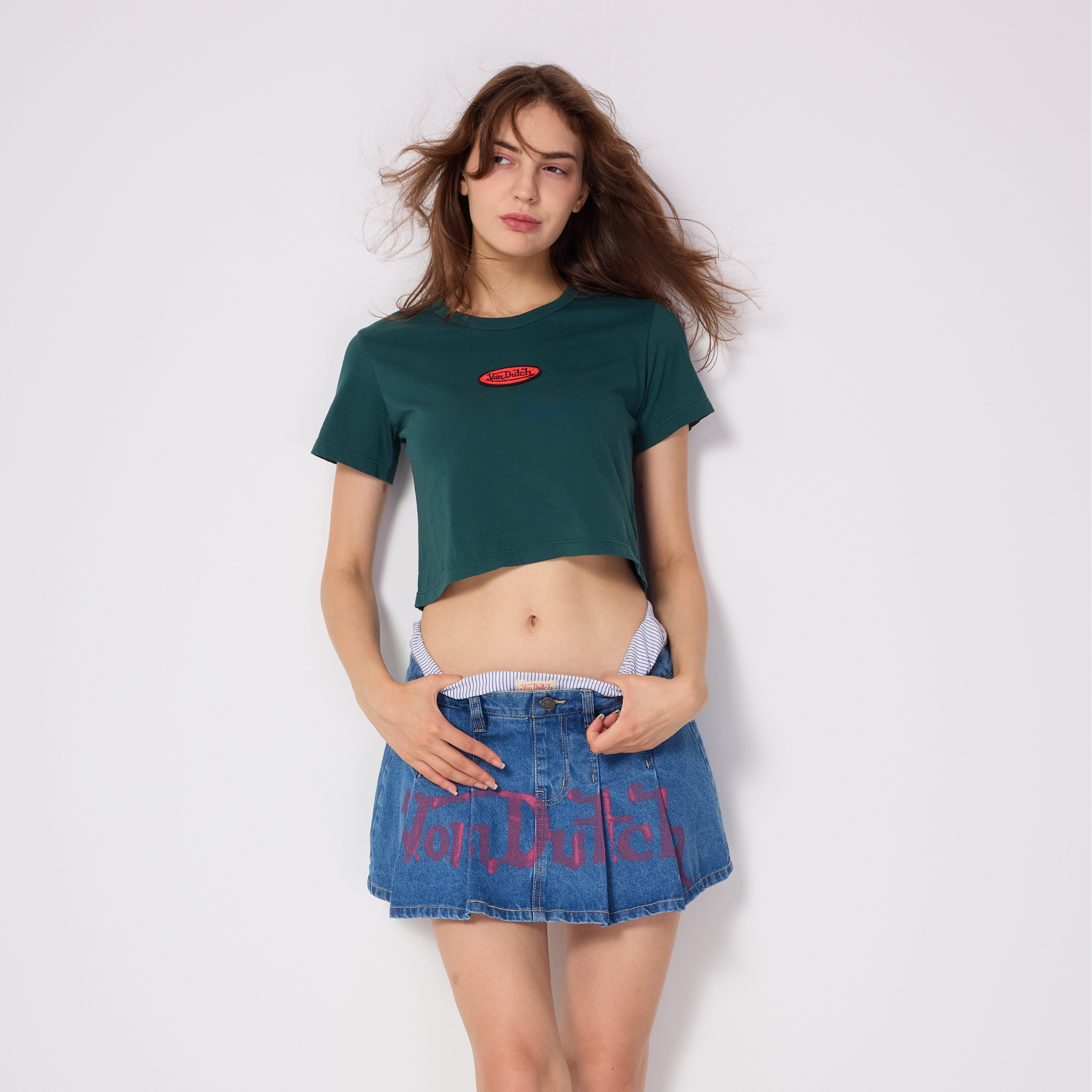 PLEATED DENIM MINI SKIRT