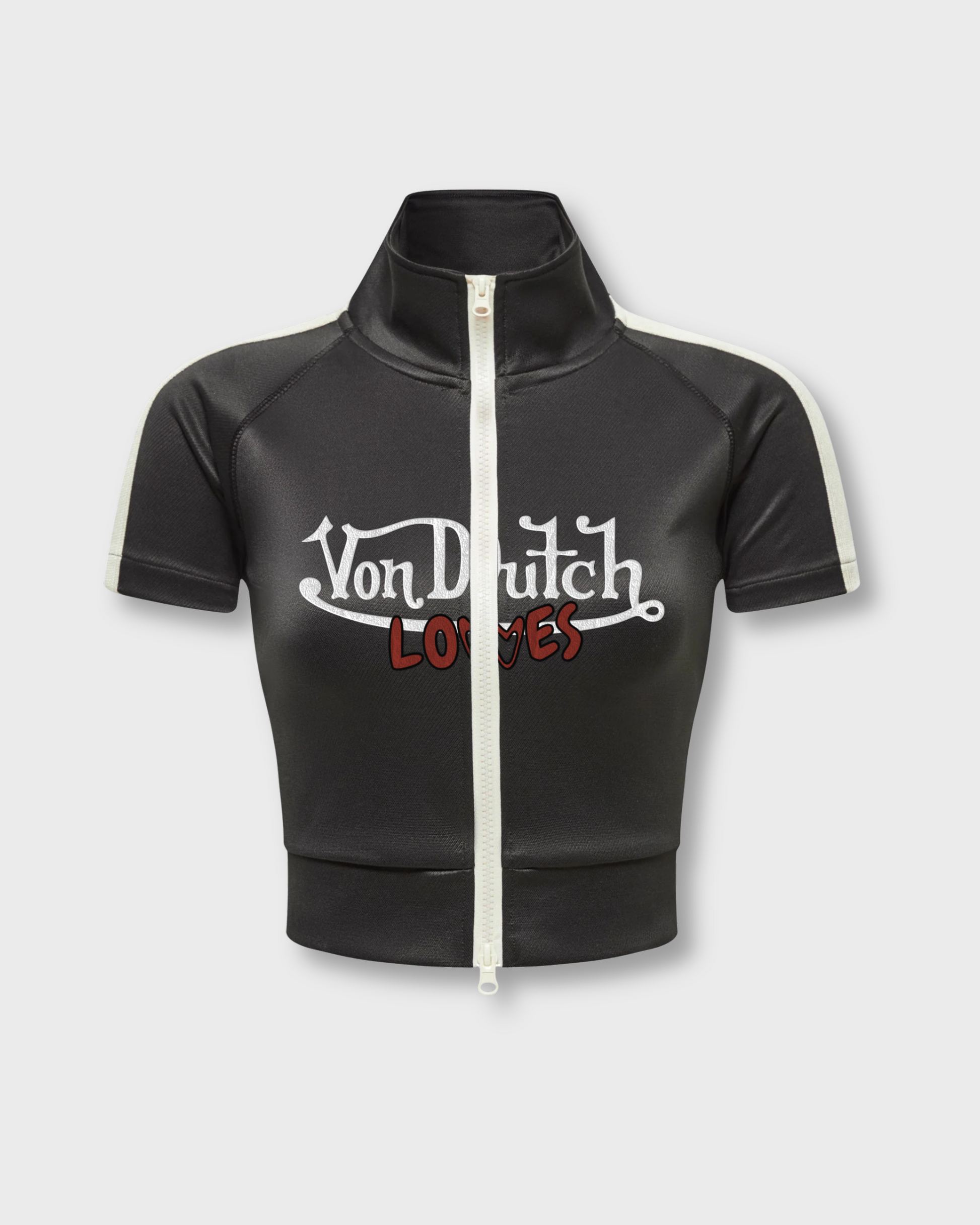 PRE-ORDER VINTAGE CULTURE X VON DUTCH LOVES HIGH NECK ZIP-UP TOP (WHITE)