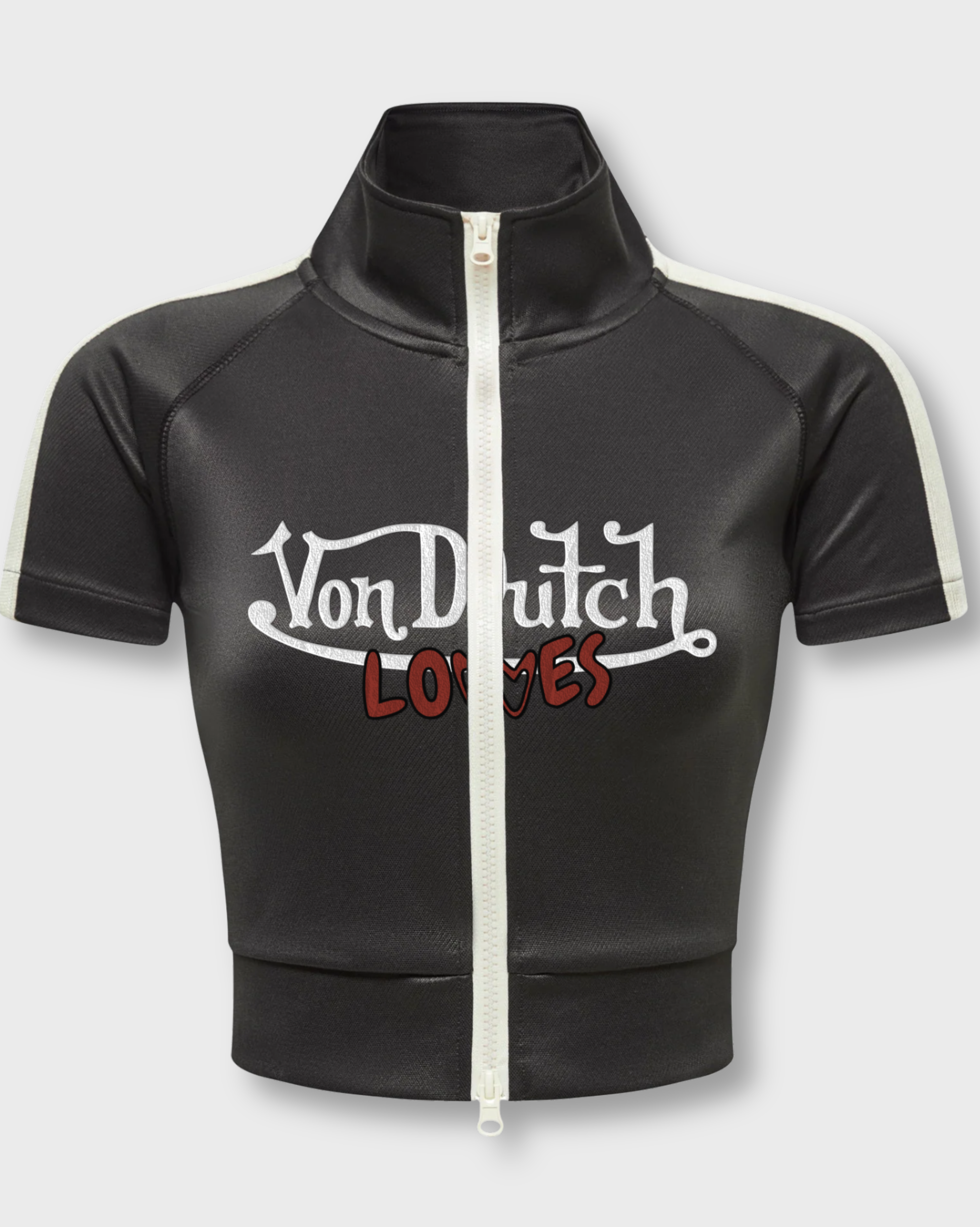 PRE-ORDER VINTAGE CULTURE X VON DUTCH LOVES HIGH NECK ZIP-UP TOP (WHITE LOGO)