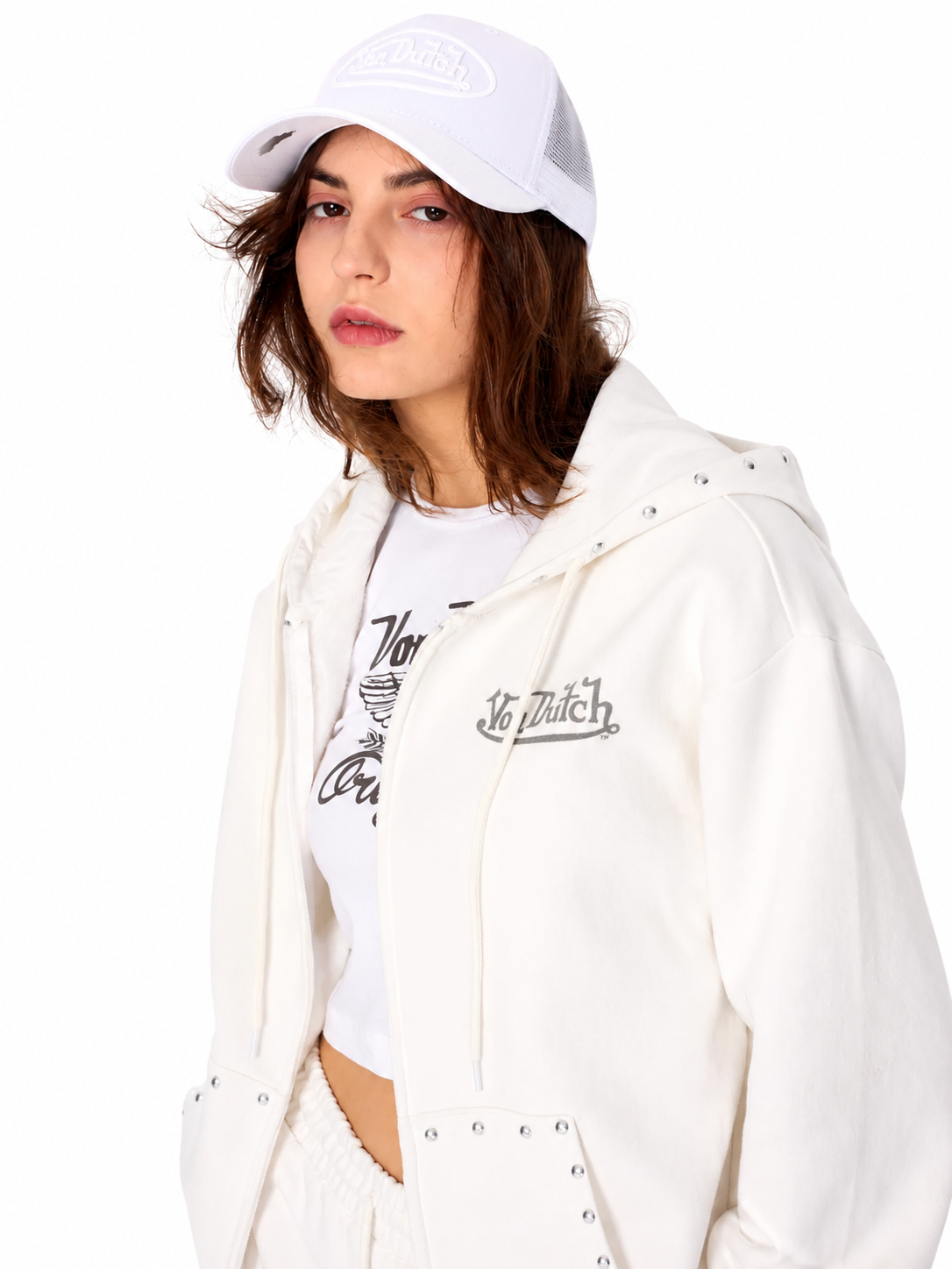 Von Dutch Zip Up STUDDED HOODIE in WHITE