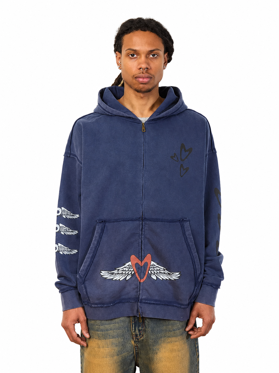 Distressed ZIP-UP FACE HOODIE NAVY