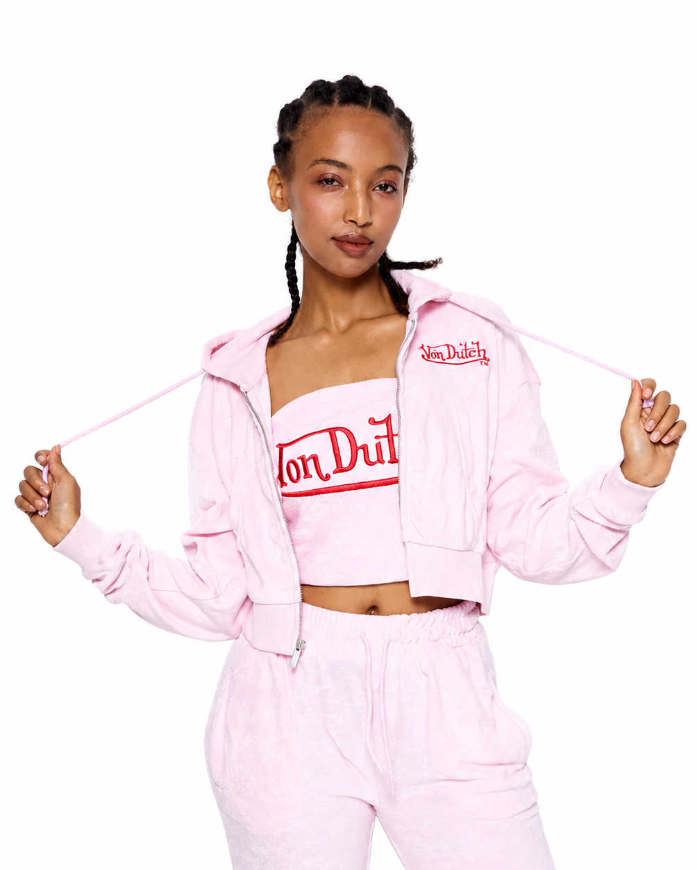 Von Dutch CALIFORNIA VELOUR CROPPED HOODIE in PINK