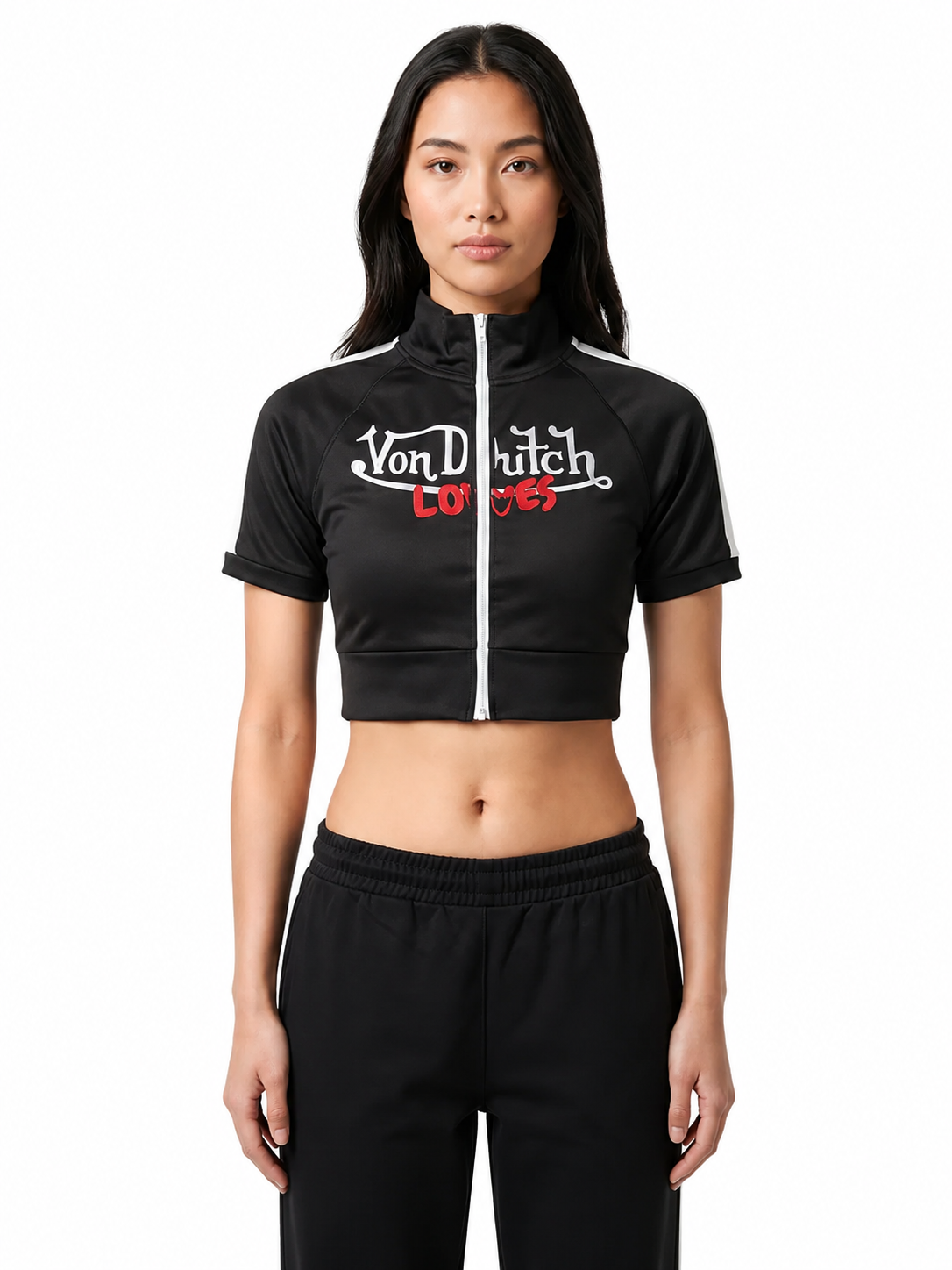VINTAGE CULTURE X VON DUTCH LOVES HIGH NECK ZIP CROP TOP (BLACK)