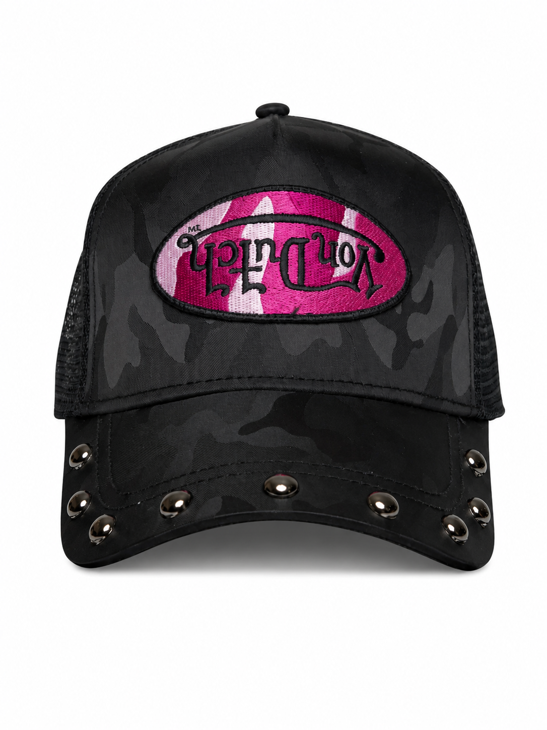 Von Dutch UPSIDE DOWN LOGO STUDDED TRUCKER HAT