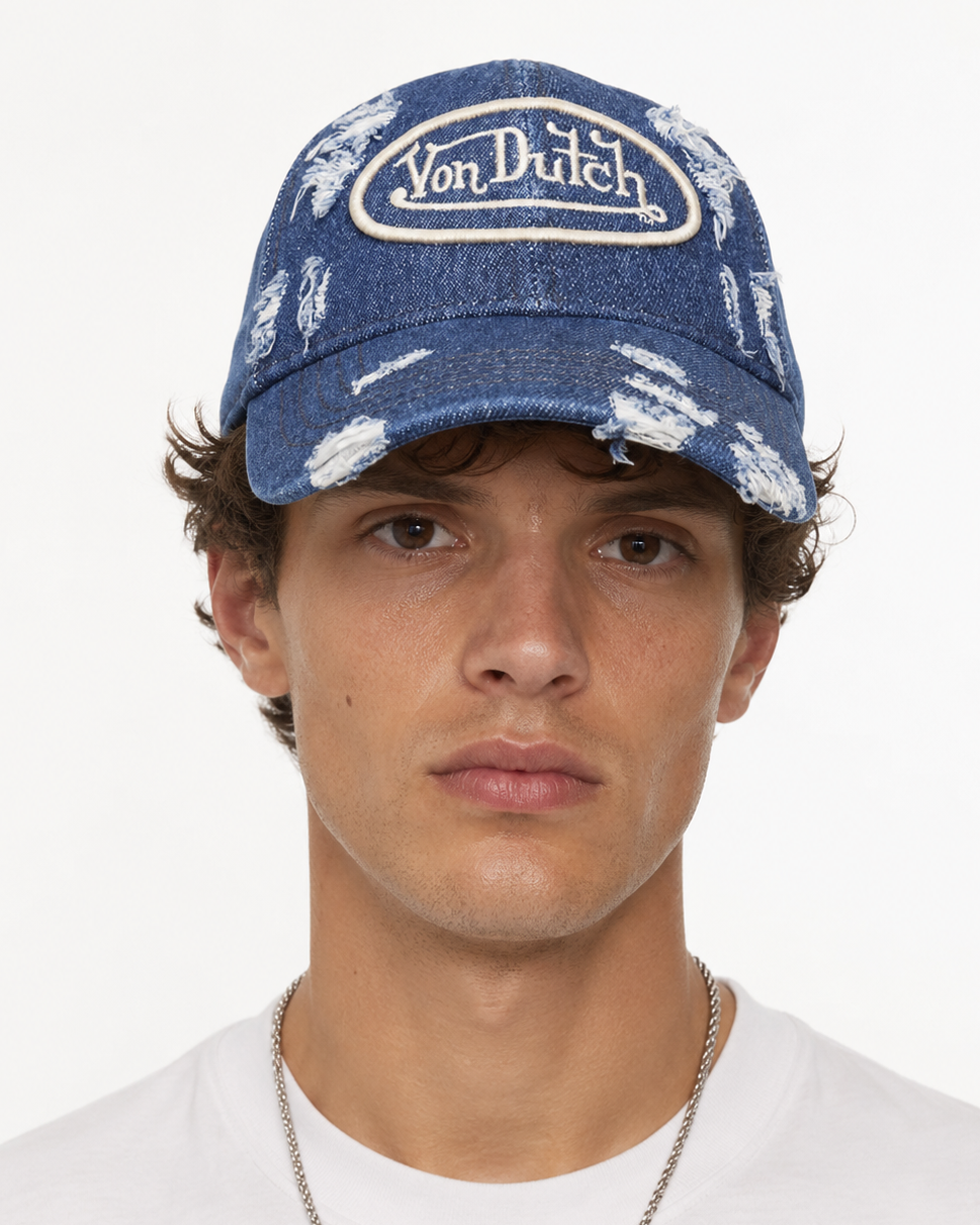 VON DUTCH LOVES X LOUIS BEKK HAT IN DISTRESSED DENIM HAT