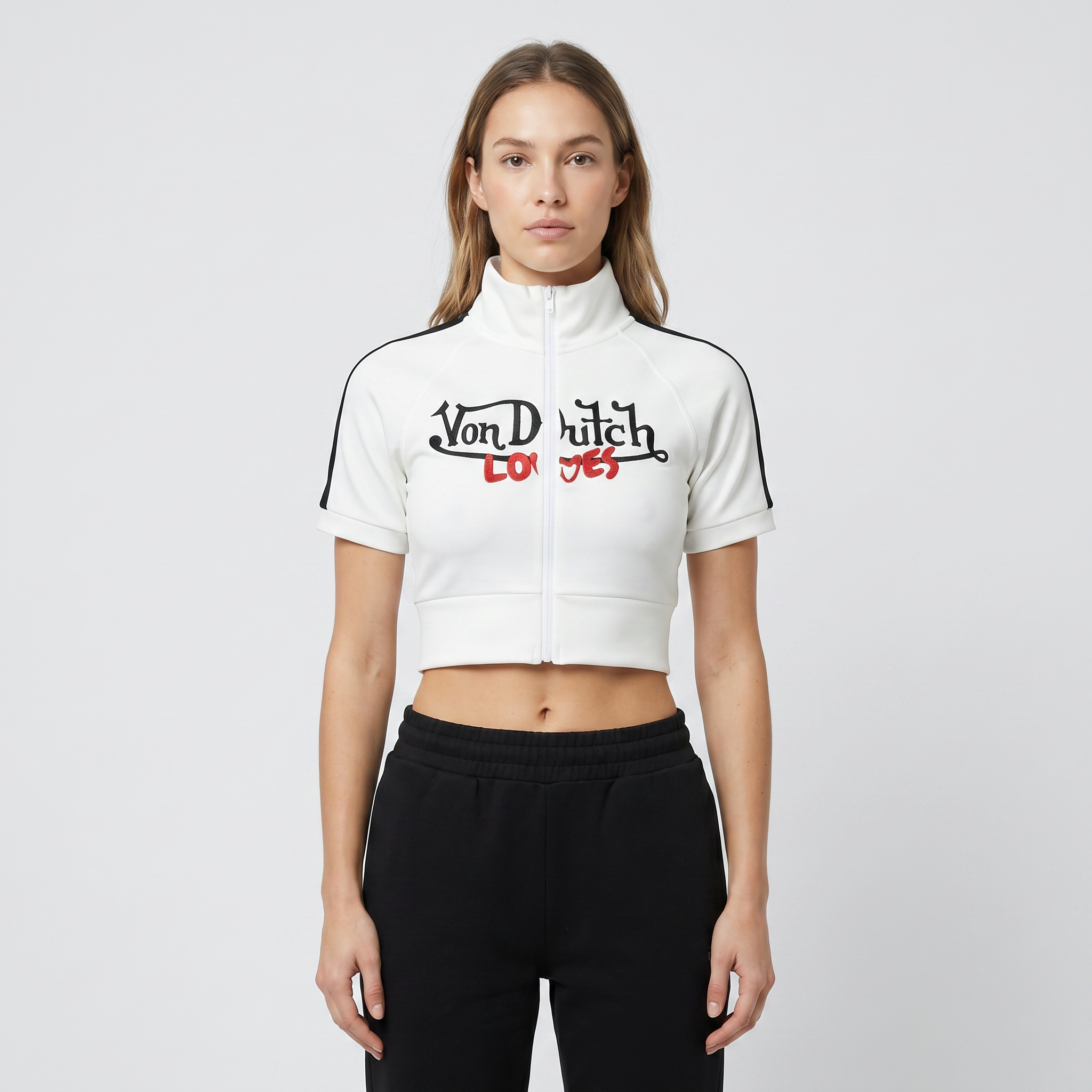VINTAGE CULTURE X VON DUTCH LOVES CROPPED HIGH NECK ZIP-UP TOP (WHITE)
