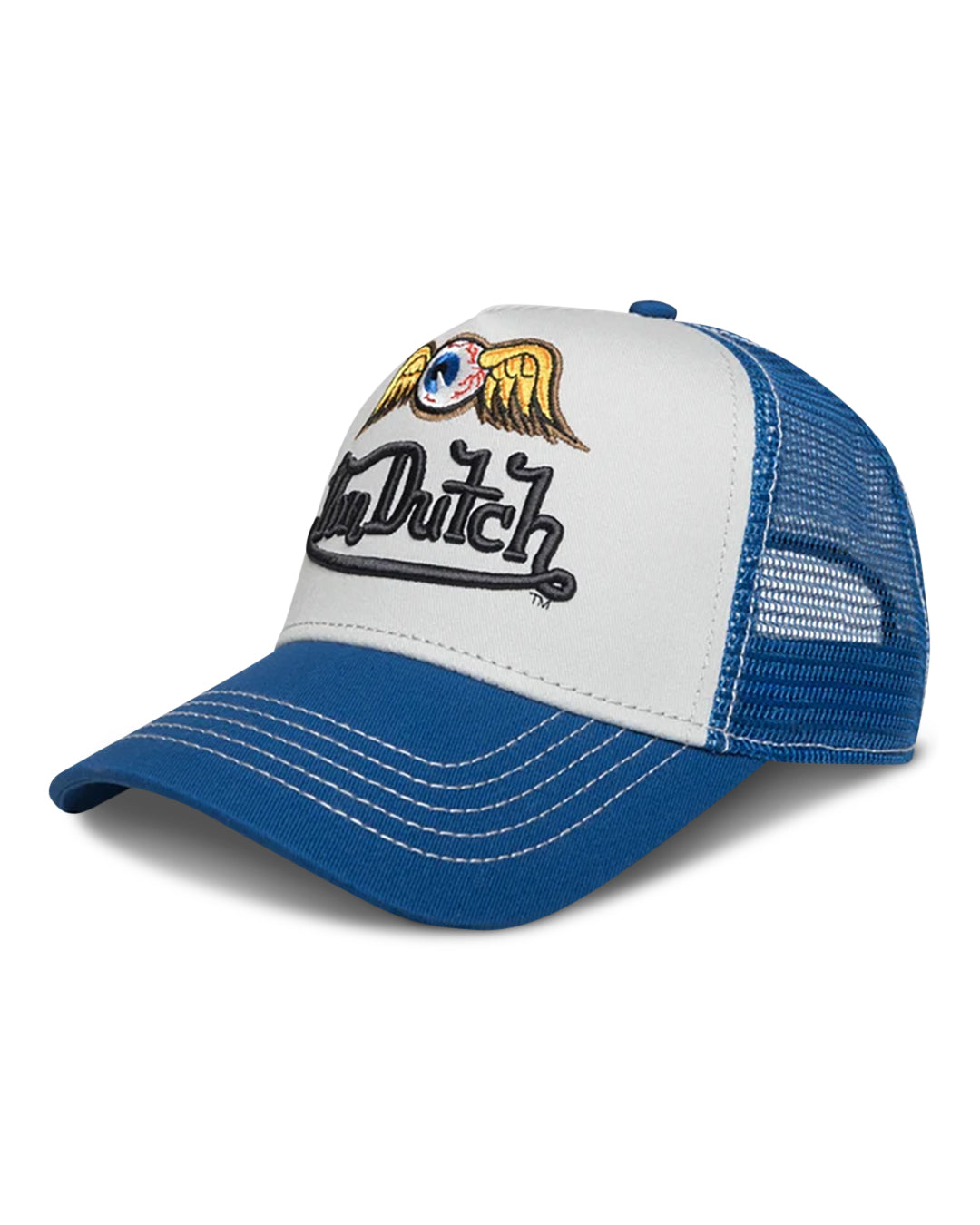 Von Dutch HEAVY EMBROIDERED FLYING EYE TRUCKER HAT IN BLUE