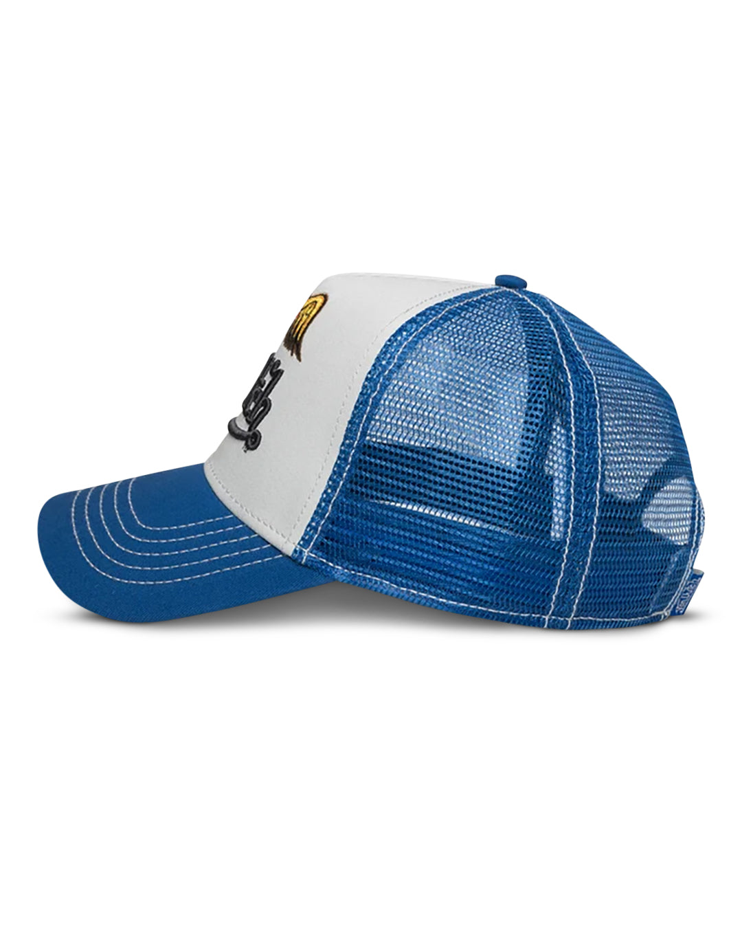 Von Dutch HEAVY EMBROIDERED FLYING EYE TRUCKER HAT IN BLUE