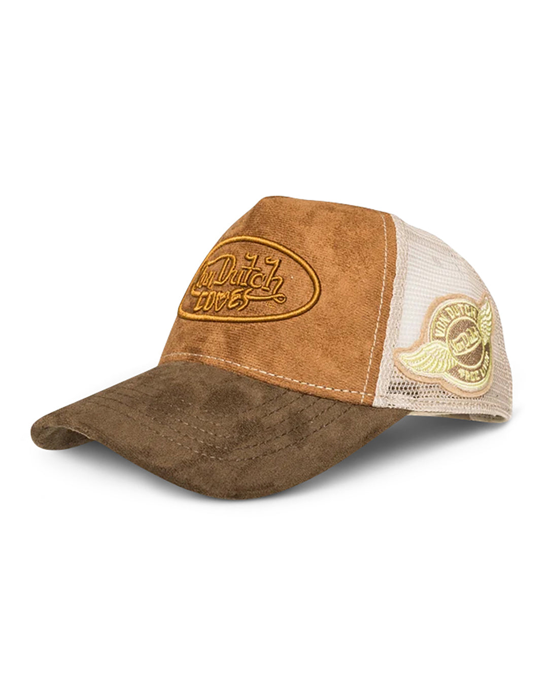 VON DUTCH LOVES BROWN ON BROWN FAUX SUEDE SIDE PATCH TRUCKER HAT