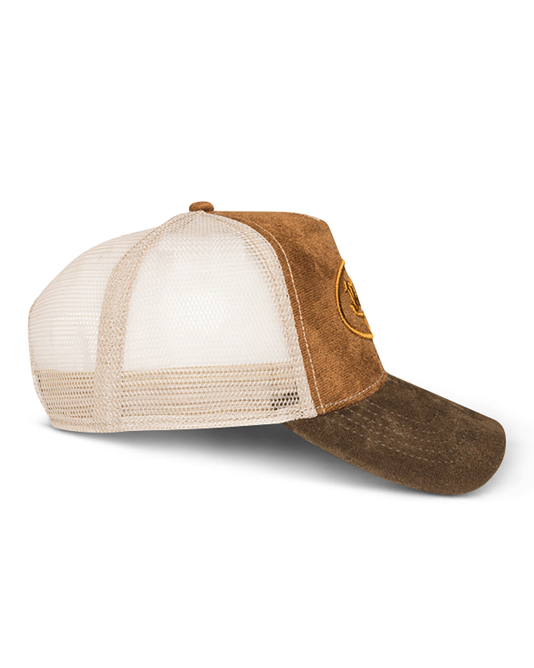 VON DUTCH LOVES BROWN ON BROWN FAUX SUEDE SIDE PATCH TRUCKER HAT