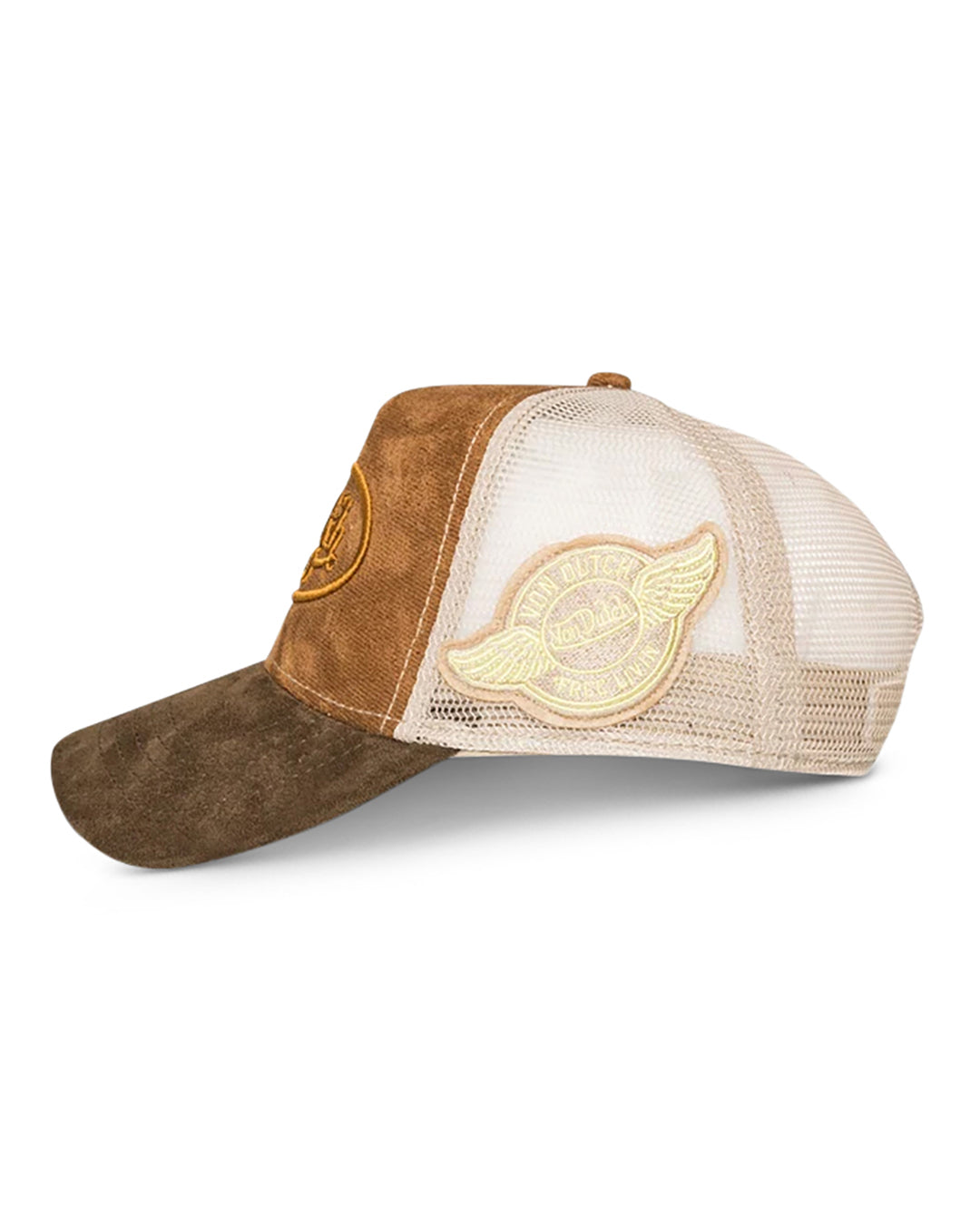 VON DUTCH LOVES BROWN ON BROWN FAUX SUEDE SIDE PATCH TRUCKER HAT