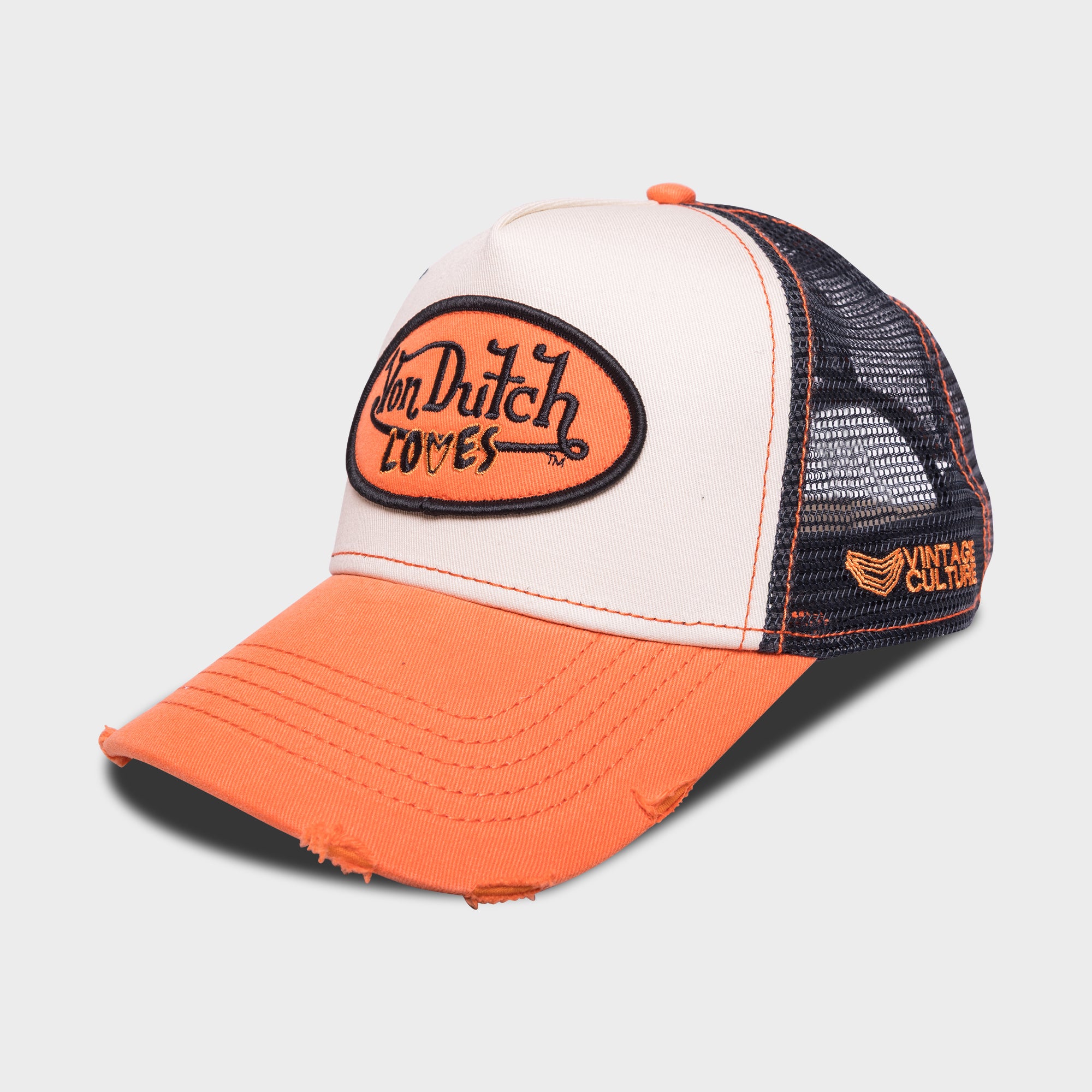 VINTAGE CULTURE X VON DUTCH LOVES ORANGE GREY DISTRESSED TRUCKER