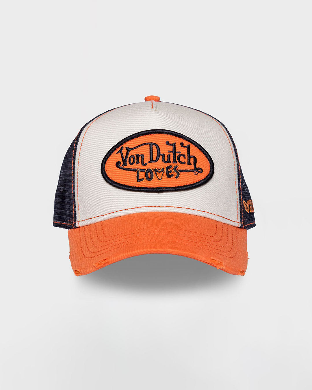 PRE-ORDER VINTAGE CULTURE X VON DUTCH LOVES ORANGE GREY DISTRESSED TRUCKER