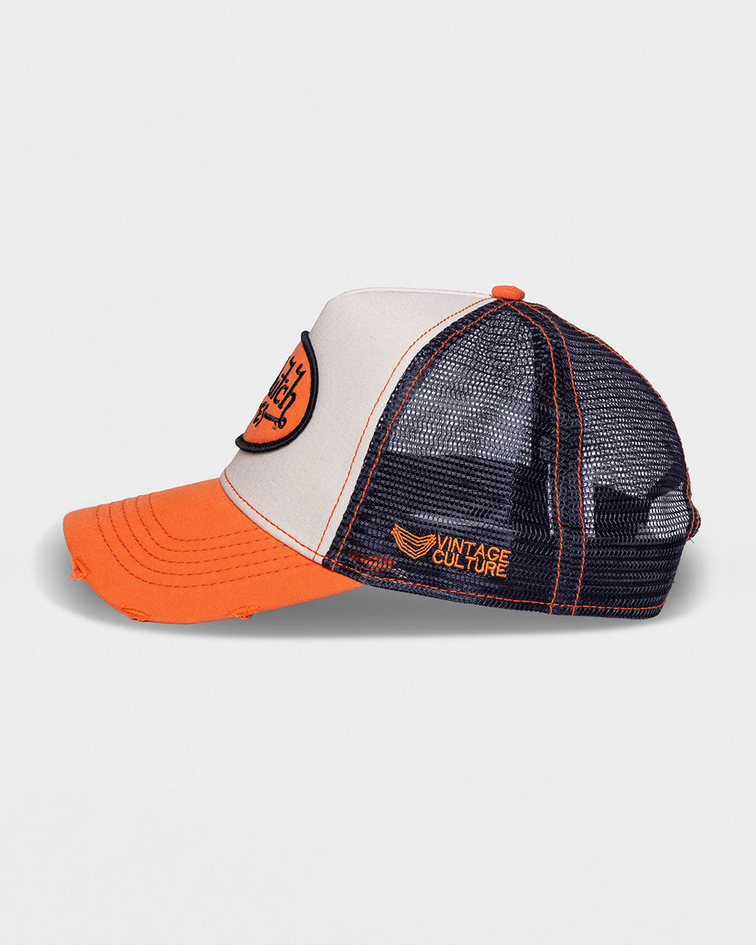 PRE-ORDER VINTAGE CULTURE X VON DUTCH LOVES ORANGE GREY DISTRESSED TRUCKER
