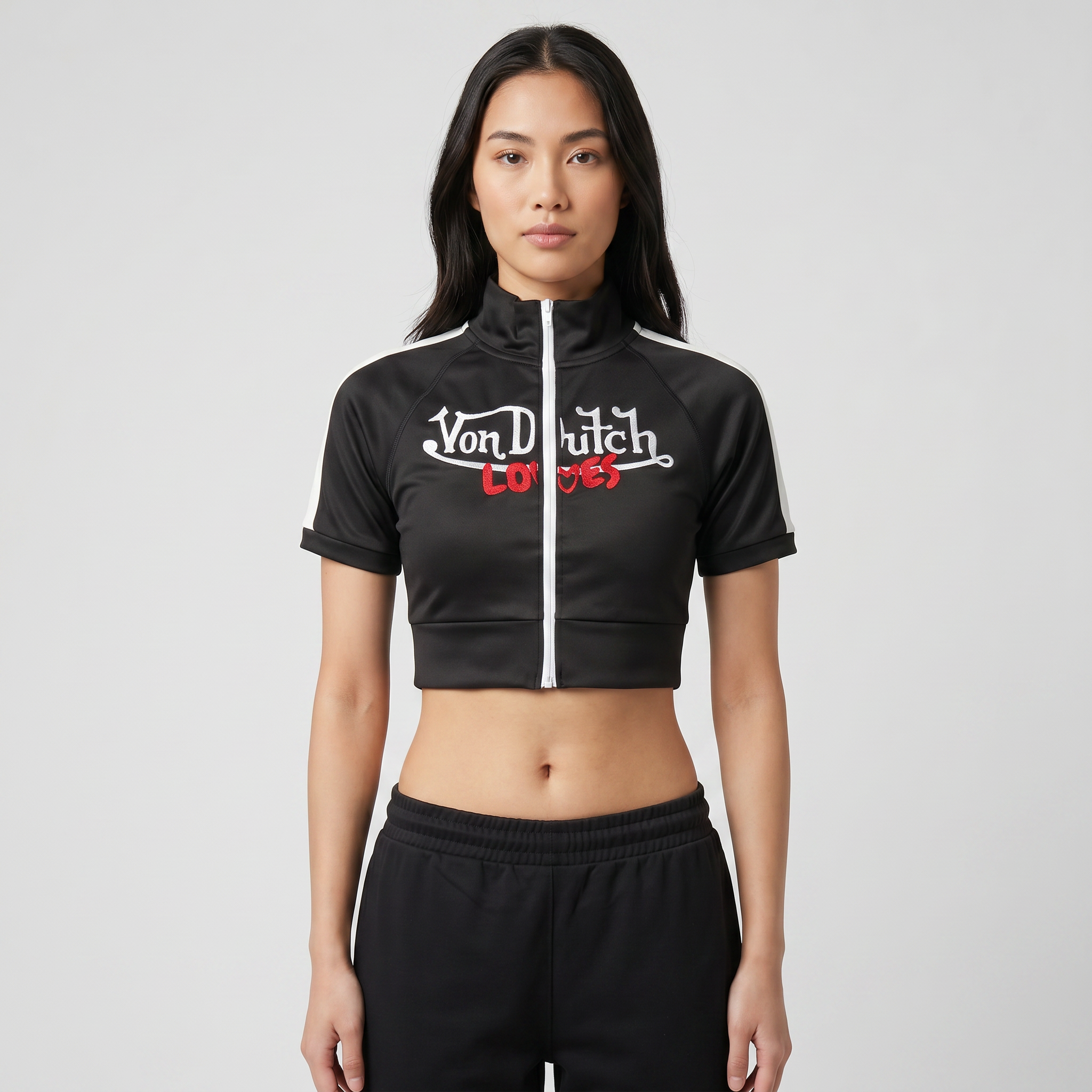 VINTAGE CULTURE X VON DUTCH LOVES HIGH NECK ZIP CROP TOP (BLACK)