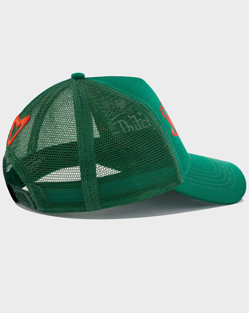 EMERALD AND ORANGE EMBROIDERED TRUCKER